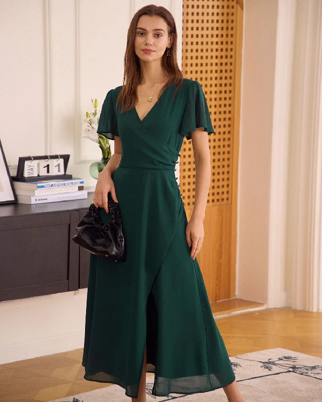 Act Fast – Limited Time Savings!The Green V Neck Button Wrap Maxi Dress