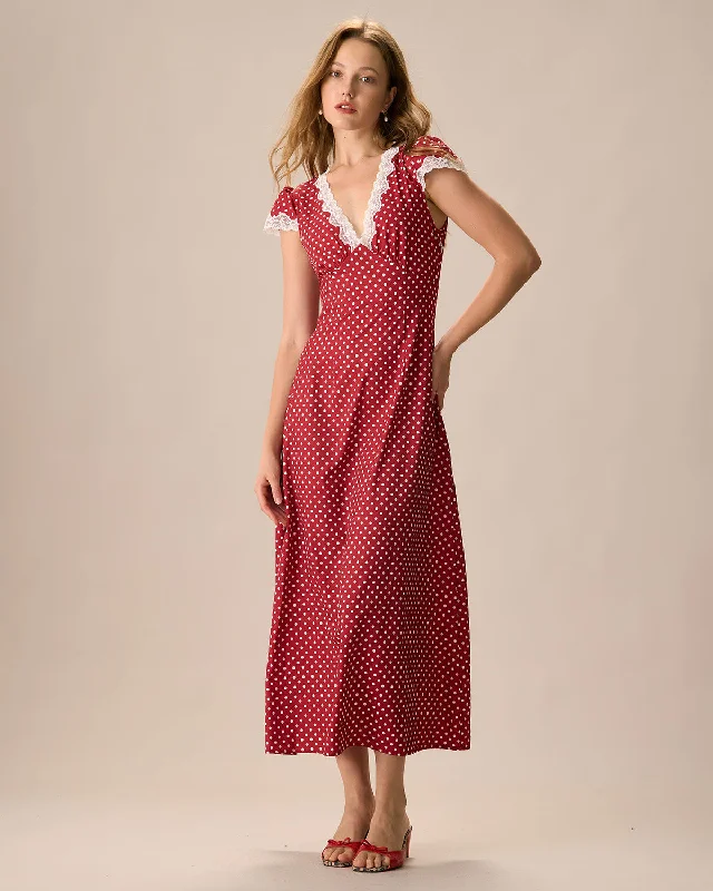 Stock Up and Save!The Red V Neck Polka Dot Lace Ruched Maxi Dress