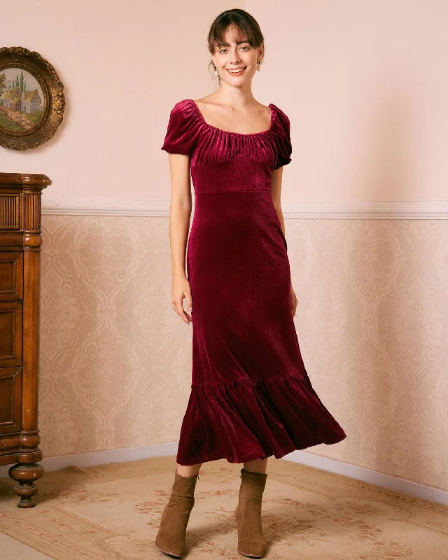 Act Fast – Limited Time Savings!The Wine Red U Neck Ruched Velvet Maxi Dress