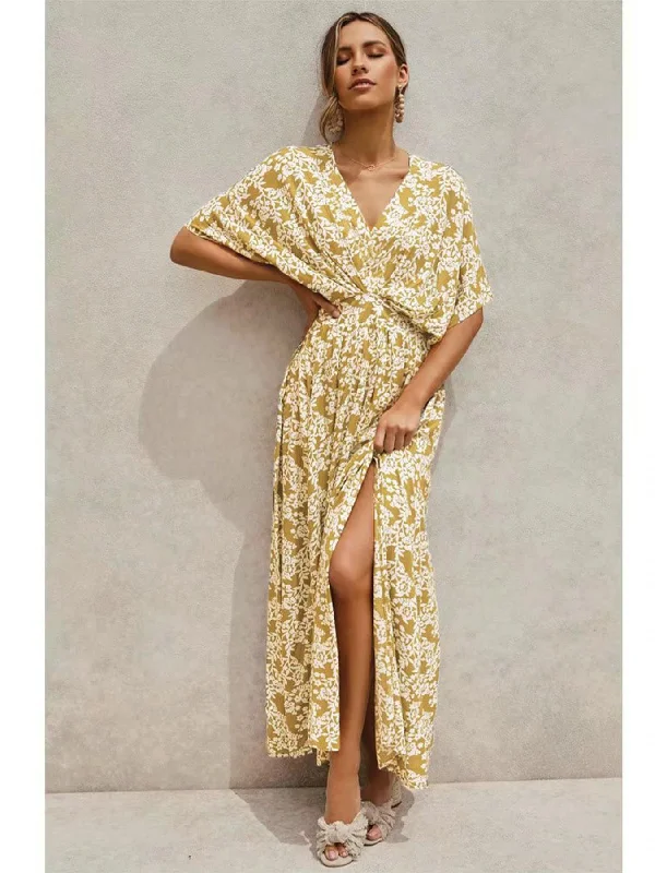 Score Huge Discounts Today!V Neck & Back Detail Bohemian Style Maxi Dress In Olive Yellow Floral Print