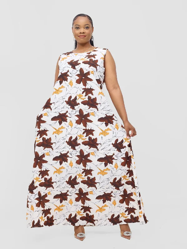 Time to Save Big!Vivo Basic Sleeveless Tent Maxi Dress - Cream / Chocolate Doret Print