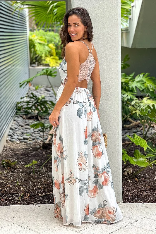 Exclusive Savings This Week!White And Salmon Floral Maxi Dress With Lace Back