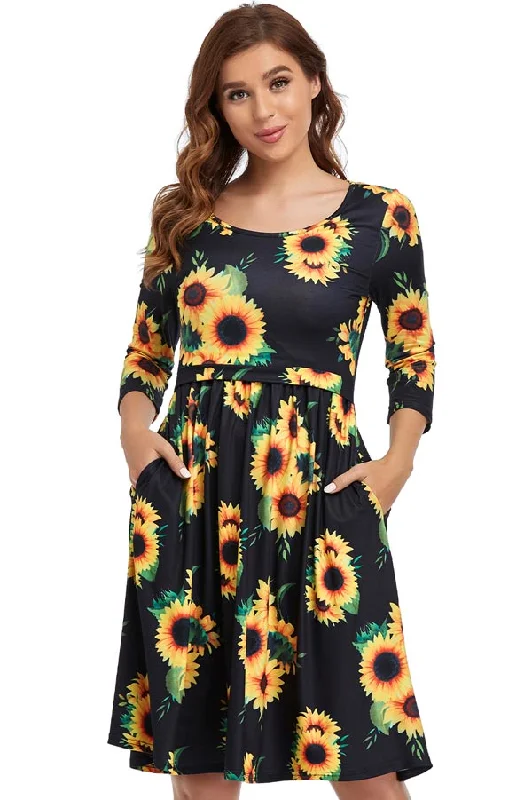 Don’t Wait – Deals Won’t Last!3/4 Sleeve Bateau Neckline Sunflower Short Breastfeeding Dress
