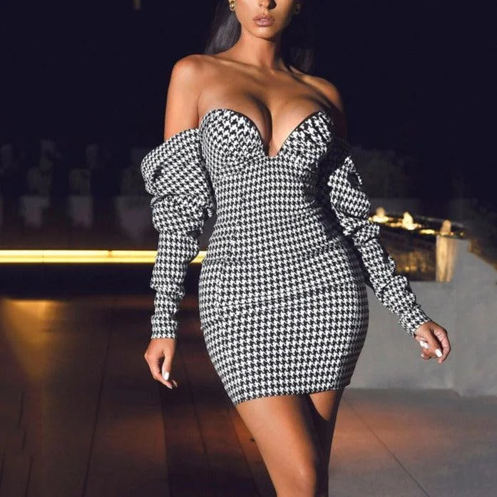 Don’t Wait – Shop Today!KittenAlarm - Andi Allover Houndstooth Off Shoulder Dress