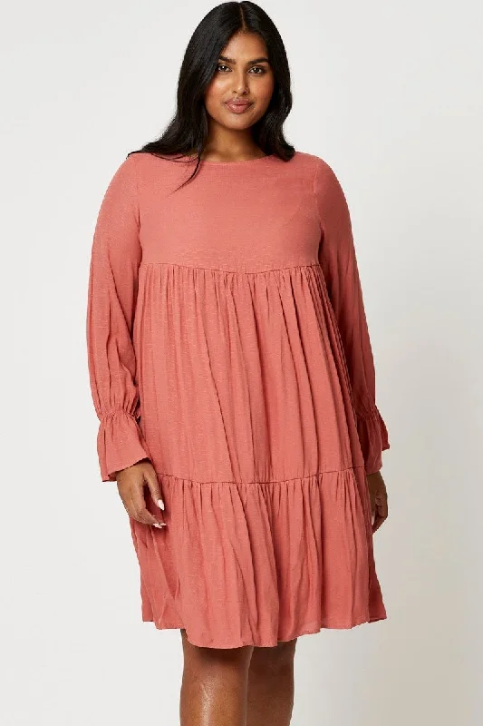 Your Shopping Spree Starts Here!Beige Smock Dress Round Neck Long Sleeve Ruffle