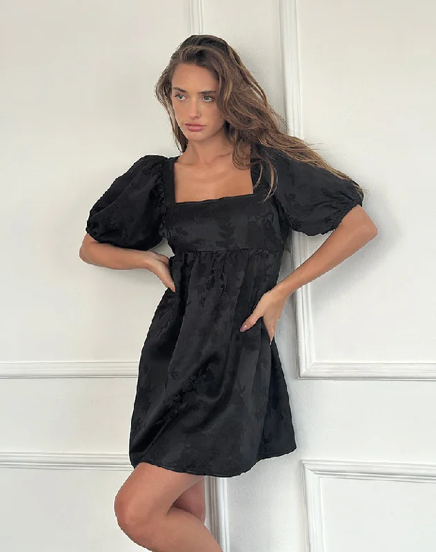 Limited Edition, Limited Price!Bimbi Babydoll Mini Dress in Satin Jacquard Black