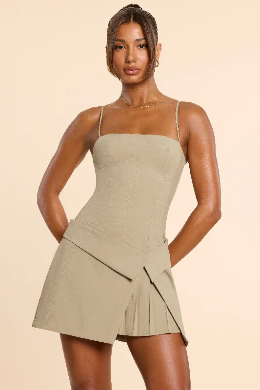 Sale Alert – Get Ready to Shop!Woven Twill Wrap Over Pleated Mini Dress in Taupe