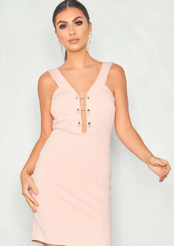 Save Up to 50% Off!Caressa Pink Plunge Pearl Bar Bodycon Dress