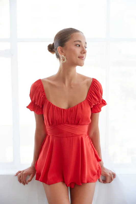 Save More When You Shop More!Eleanor Ruffle Wrap Romper in Red