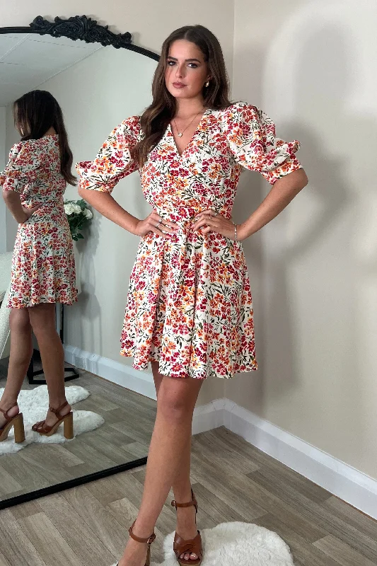 Unlock Huge Savings Now!Elise Puff Sleeves Skater Dress Orange Floral