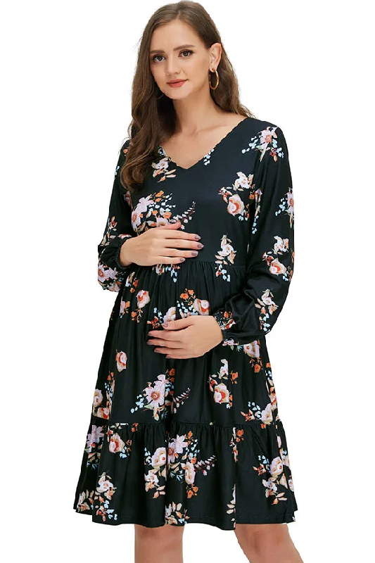 Special Discounts Inside!Floral V-Neck Short Maternity Dress With Long Sleeves
