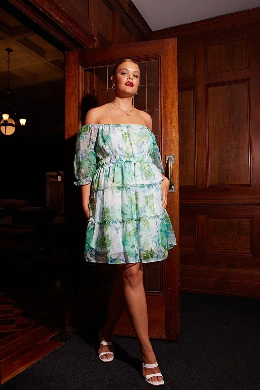 Time to Snag a Bargain!Green Floral Mini Dress Short Puff Sleeve Chiffon Frill