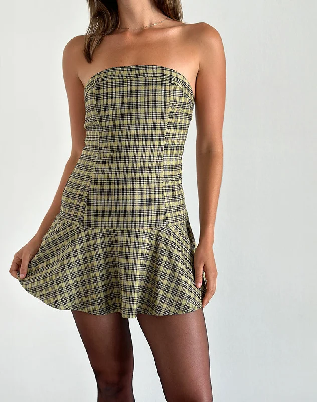 Limited Stock Available!Hadia Bandeau Mini Dress in Check Yellow