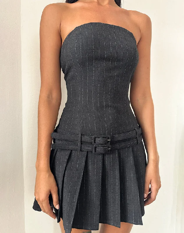 Amazing Prices You Can’t Resist!Haika Double Belt Mini Dress in Charcoal with White Stripe
