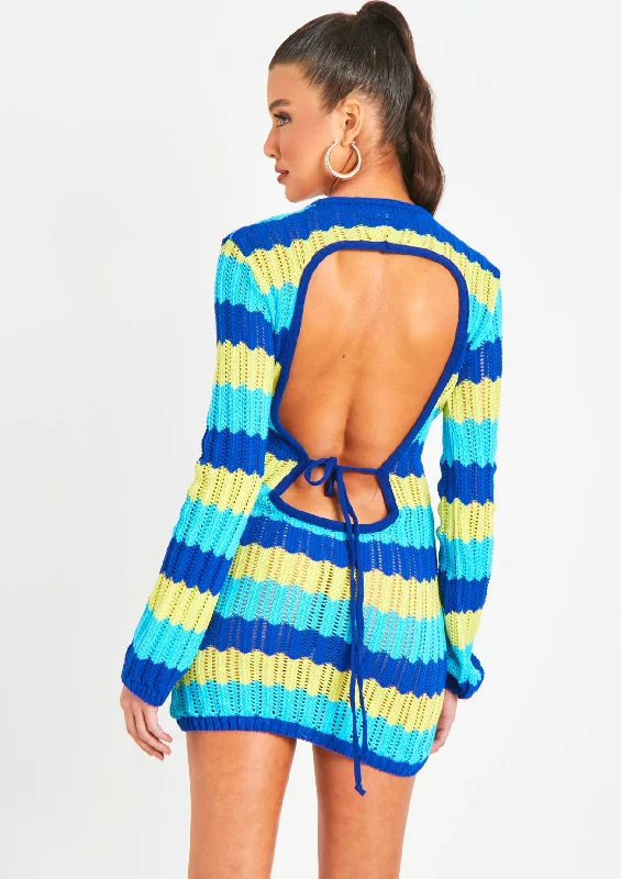 Stock Up and Save!Harleigh Blue Multi Crochet Knit Backless Mini Dress