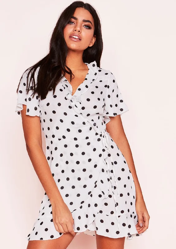 Mega Sale Happening Now!Isabella White Polkadot Wrap Frill Dress