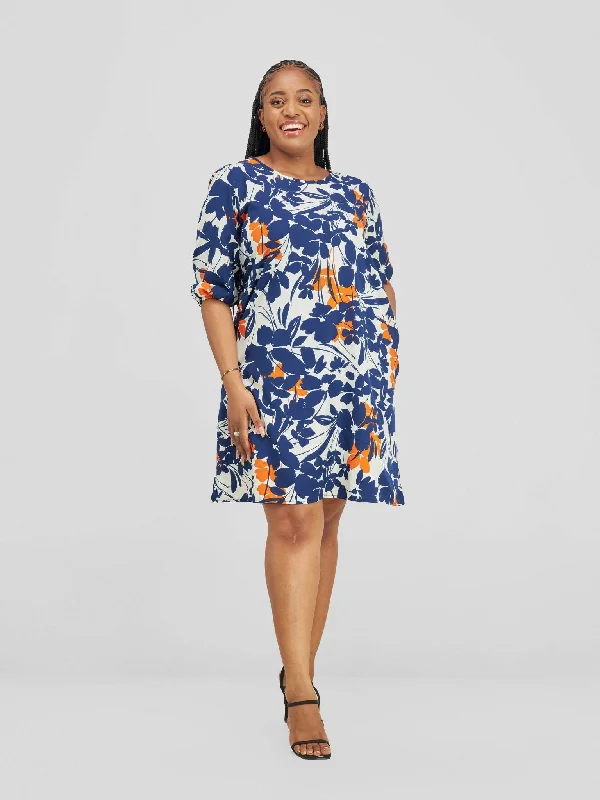Limited Time Offer!Ellie Shift Dress - Blue / Cream / Orange