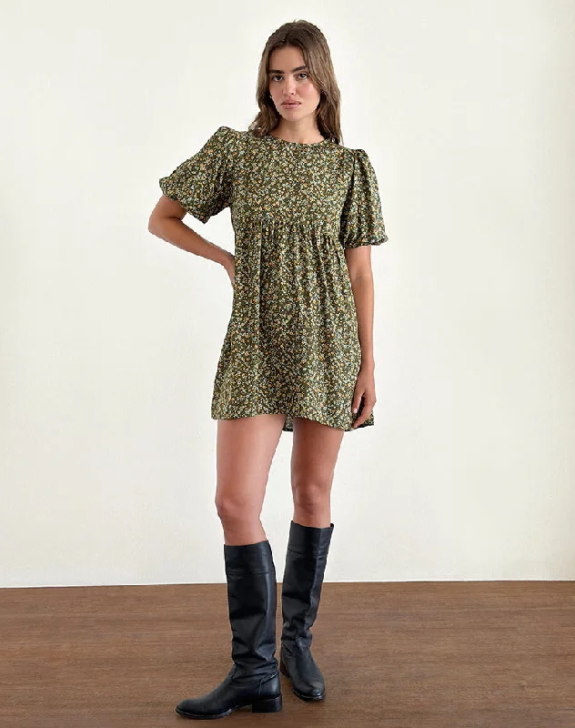 Special Discounts Inside!Marate Puff Sleeve Mini Dress in Grunge Floral Khaki