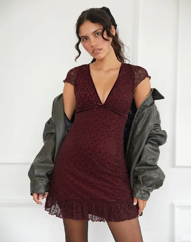 Save Money, Shop Happy!Melva Mini Dress in Ditsy Flock Burnt Maroon