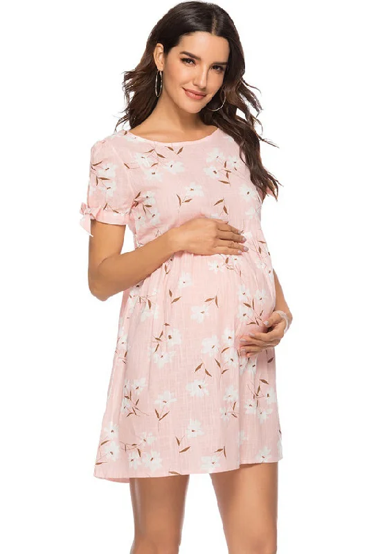 Save More Than Ever!Pink Floral Short Maternity Dress Summer Nursing Dress