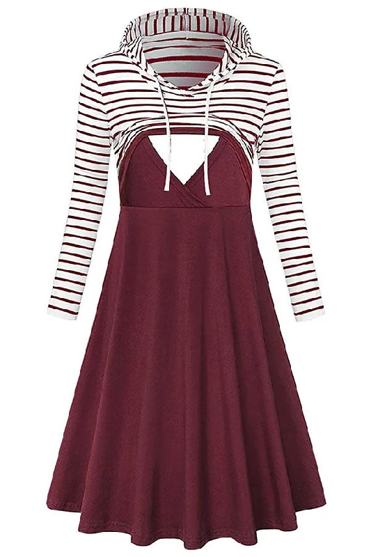 Snag the Best Prices Now!Striped Two-tone Long Sleeves Hooded Nursing Dress