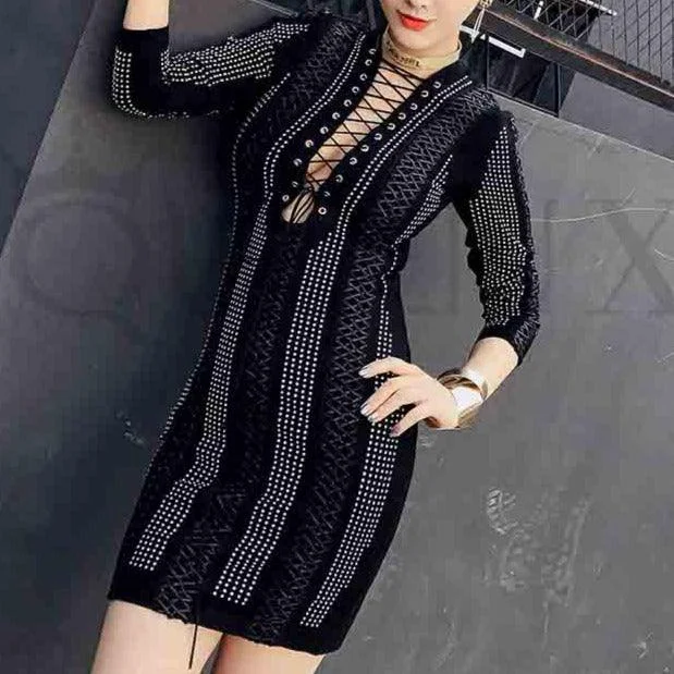 Shop Early, Save Big!KittenAlarm - Tanaya Knit Front Lace Up Mini Dress