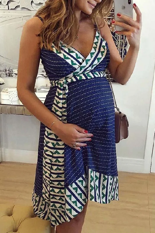 Best Price of the Season!V-Neck Spaghetti Strap Maternity Geometry Short Dress