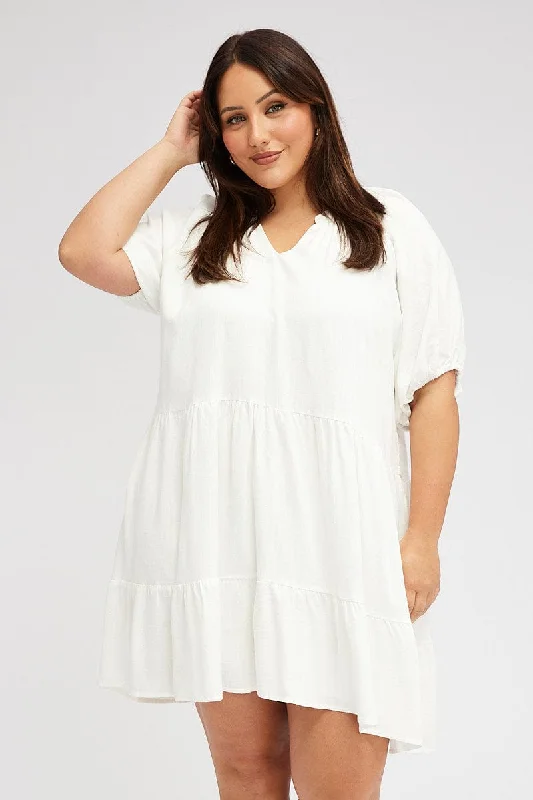 Instant Savings Await!White Swing Dress Mini Half Sleeve V-neck Linen Blend